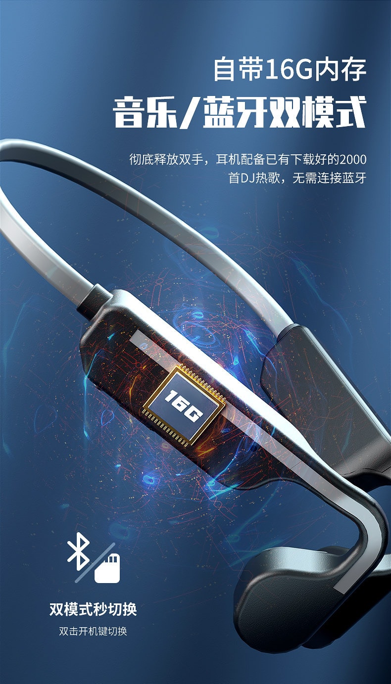【中國直郵】 藍牙耳機無線雙耳耳掛式高顏值運動防掉手機通用藍色帶16G卡