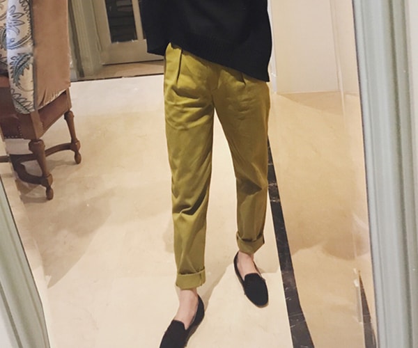 独角定制 女士高腰系带全棉宽松休闲长裤 黄绿色 L
