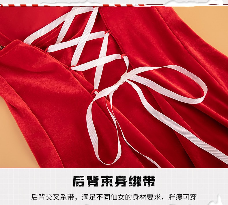 【中国直邮】曼烟 情趣内衣 性感蕾丝花边吊带睡裙 圣诞套装 红色均码(含发箍丝袜)