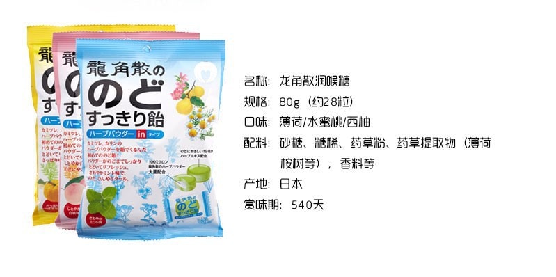日本RYUKAKUSAN龙角散 化痰止咳润喉糖水蜜桃味 80g Exp: 11/2021