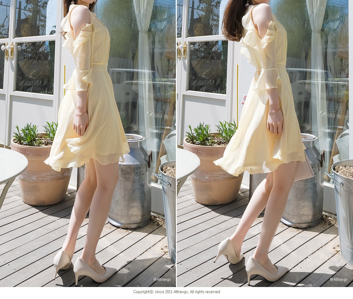 【韩国直邮】ATTRANGS 甜美少女高腰露肩荷叶边系带高腰连衣裙 黄色 均码