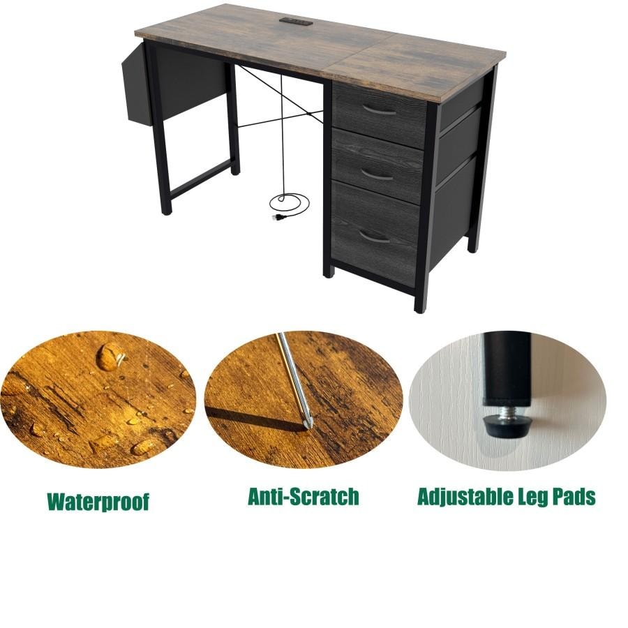 【美國直郵】 美國 hiorin 帶電源插座桌子棕色 1張 易於組裝 軍事化收納矩陣 快裝免工具革命