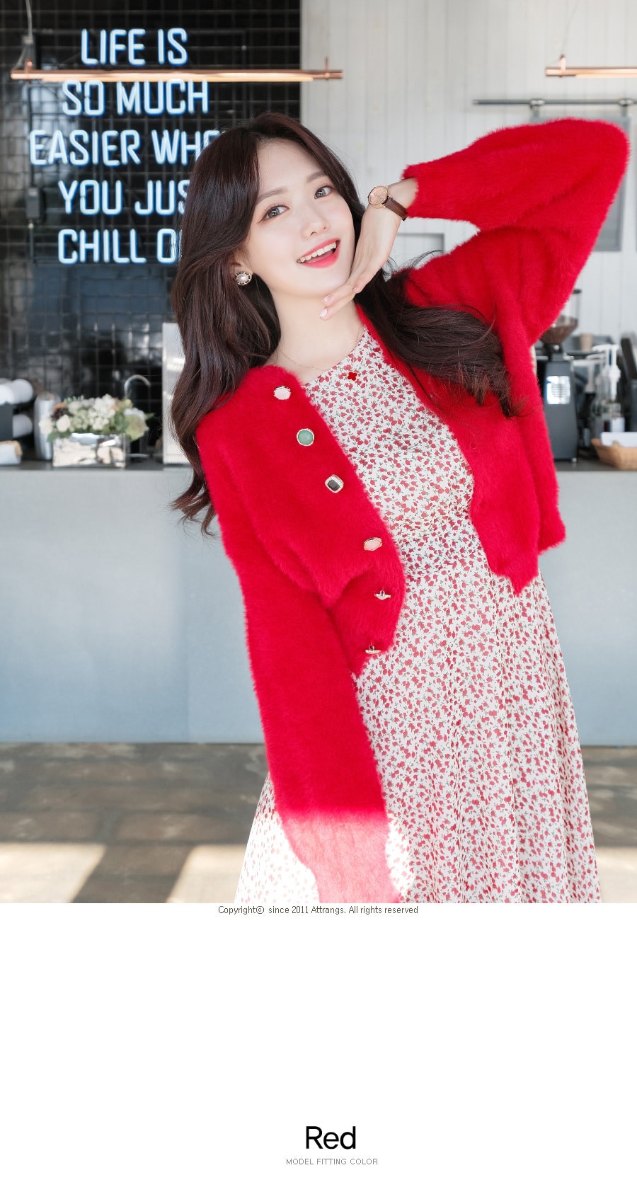 【韩国直邮】ATTRANGS 怀旧风格毛毛短款开襟衫 红色 均码