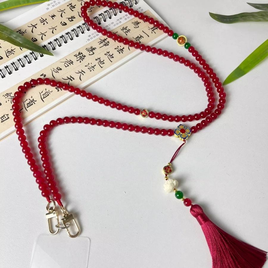 【平安好运】新中式风莲花手机链 红色斜挎挂绳 防丢便携百搭背包配饰 120cm