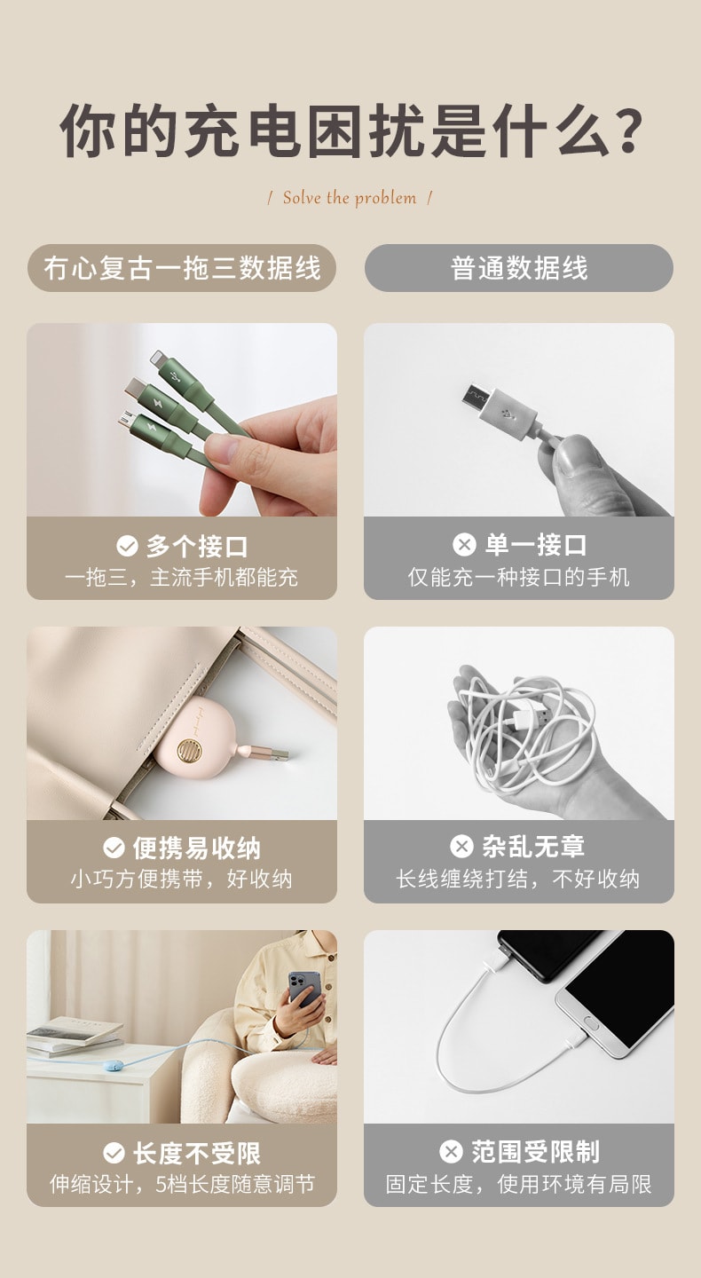 Cell Phone 3 In 1 Data Cable Retractable Charging Cable One Tow Three Cell Phone Charging Cable Cream White