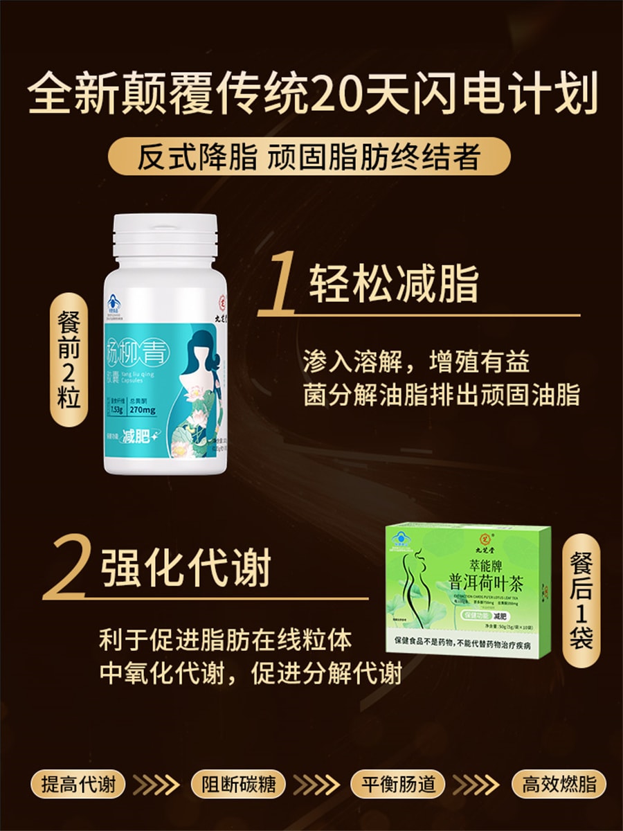 【中国直邮】 九芝堂 普洱荷叶茶杨柳青胶囊减肥排油瘦身燃脂祛湿  杨柳青30粒+ 普洱荷叶茶   5g/袋*10袋