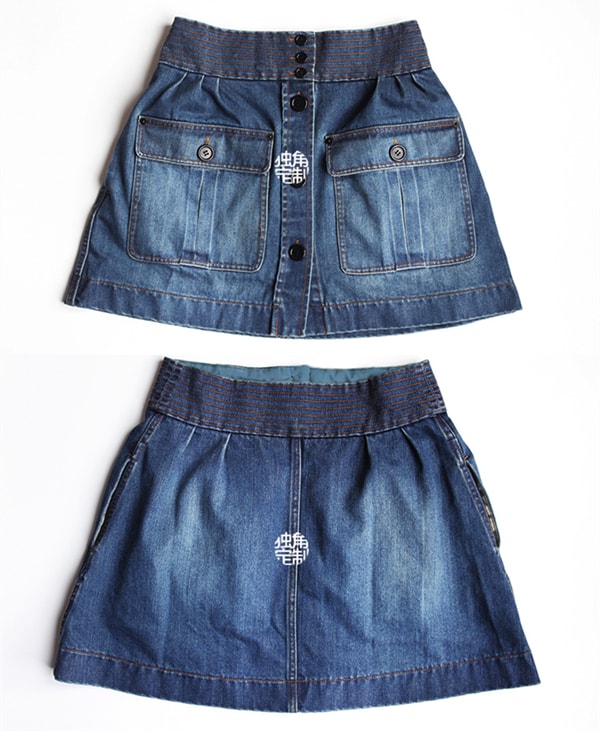 Double Pocket High Waist Button Decor A-Line Skirts Blue Denim Mini Skirt for Women Girls S