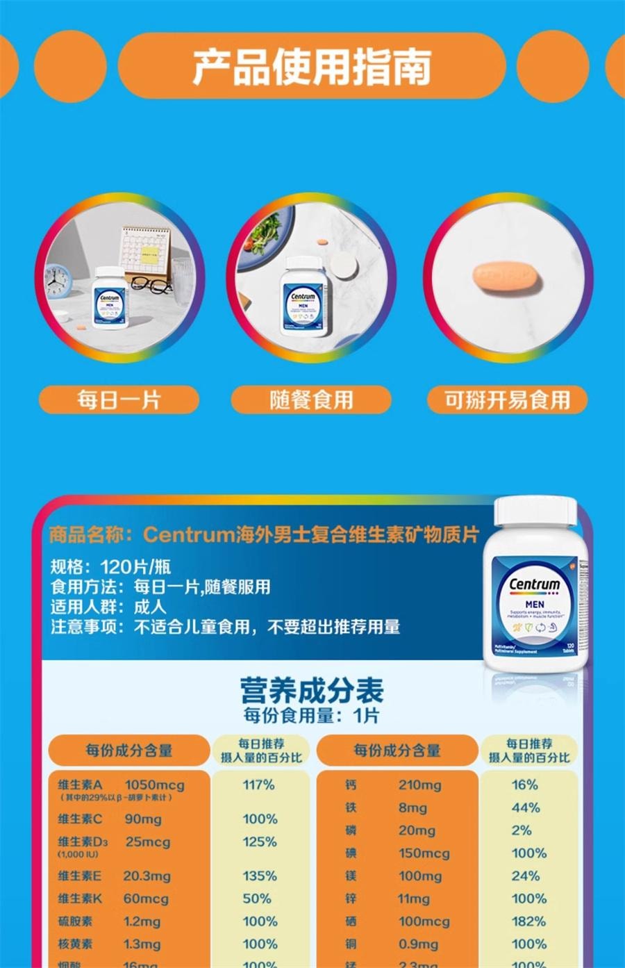 【中国直邮】德国 Centrum 男士复合维生素c多种矿物质男性免疫营养品 120粒/罐
