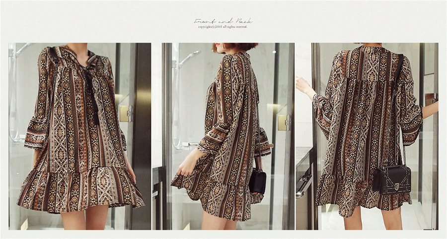 [KOREA] Ethnic Ruffle Dress #Caramel Brown One Size(S-M) [免费配送]
