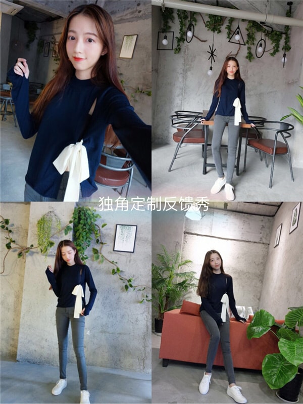 Navy Blue Bowknot Lace Wool Sweater L