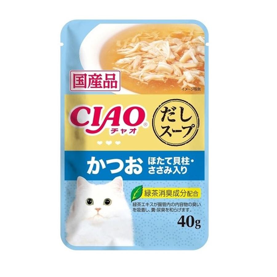 【日本直邮】 日本 CIAO 伊纳宝 精选高汤系列 猫咪零食湿粮 鲣鱼汤 搭配扇贝和鸡胸肉 40克