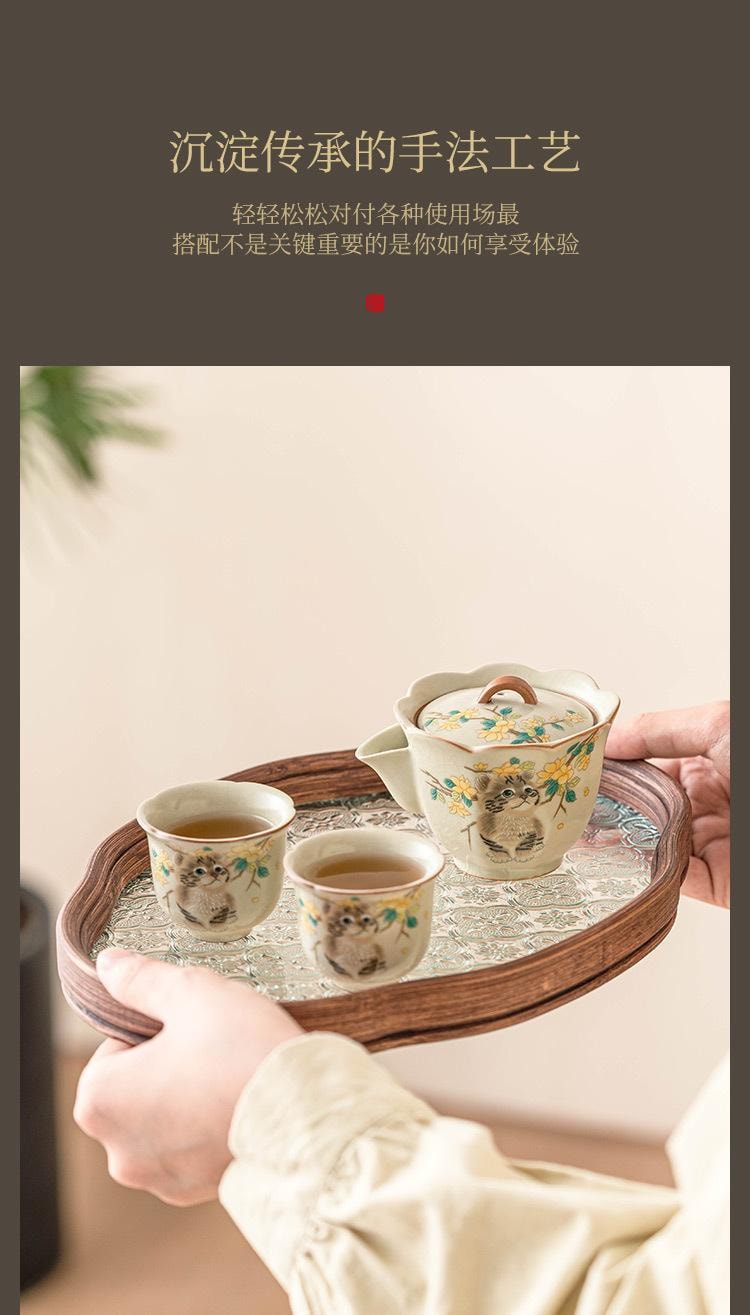 【中國直郵】 FOXTAIL 手繪黃花萌貓汝窯 茶壺 茶杯 中式 功夫茶具 家用 手抓壺-花瓣杯禮盒裝 1個*|預計到達時間3-4週