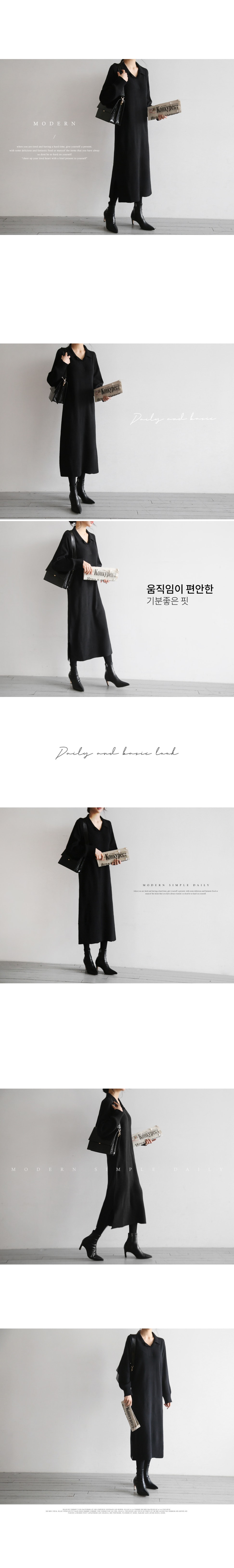 Lapel solid color long knit dress black one size