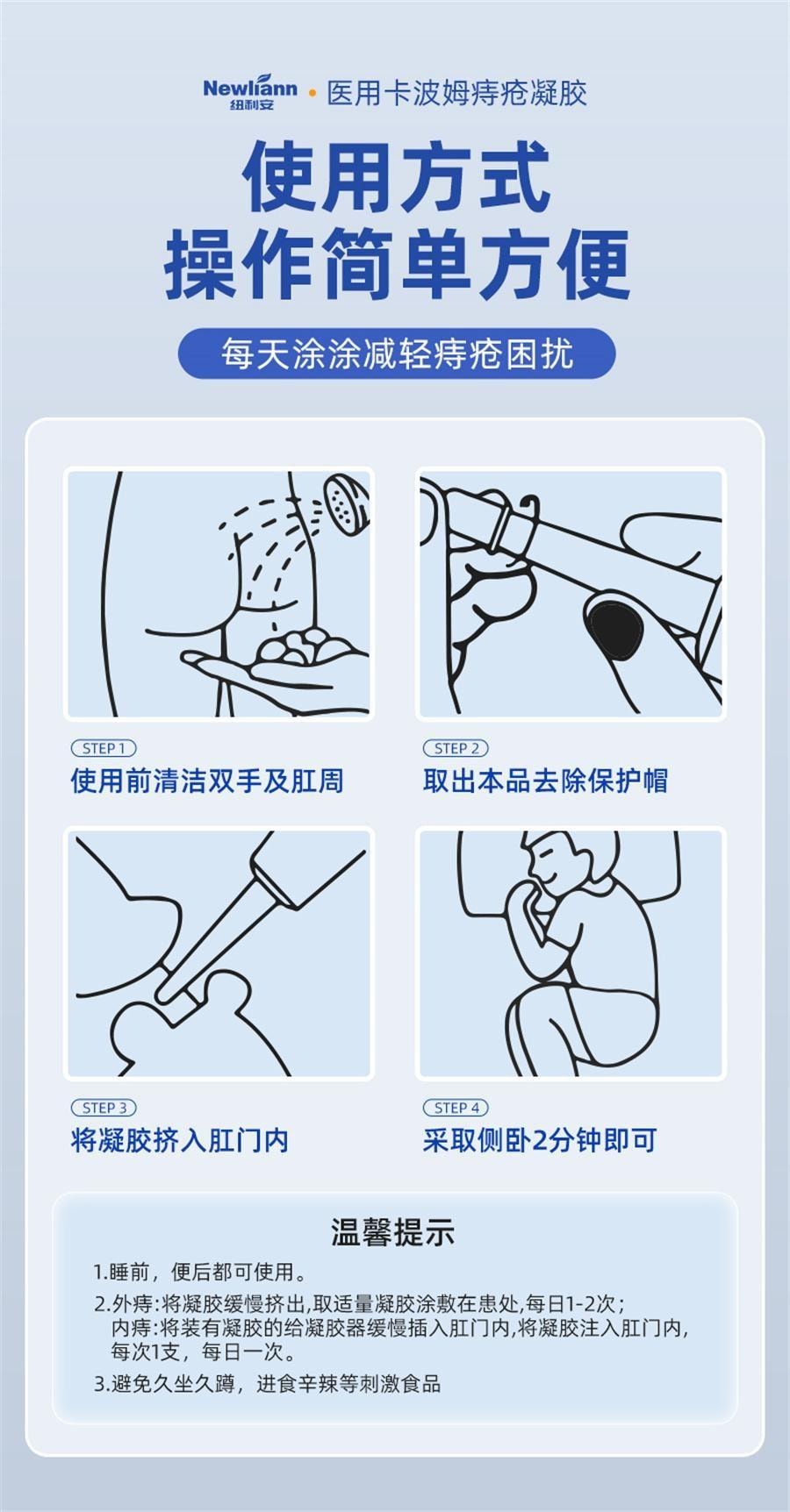 【中国直邮】 纽利安 医用痔疮凝胶 痔疮膏 消肉球肛门瘙痒卡波姆痣疮冷敷凝胶内外混合痔 5g/支*4支/盒