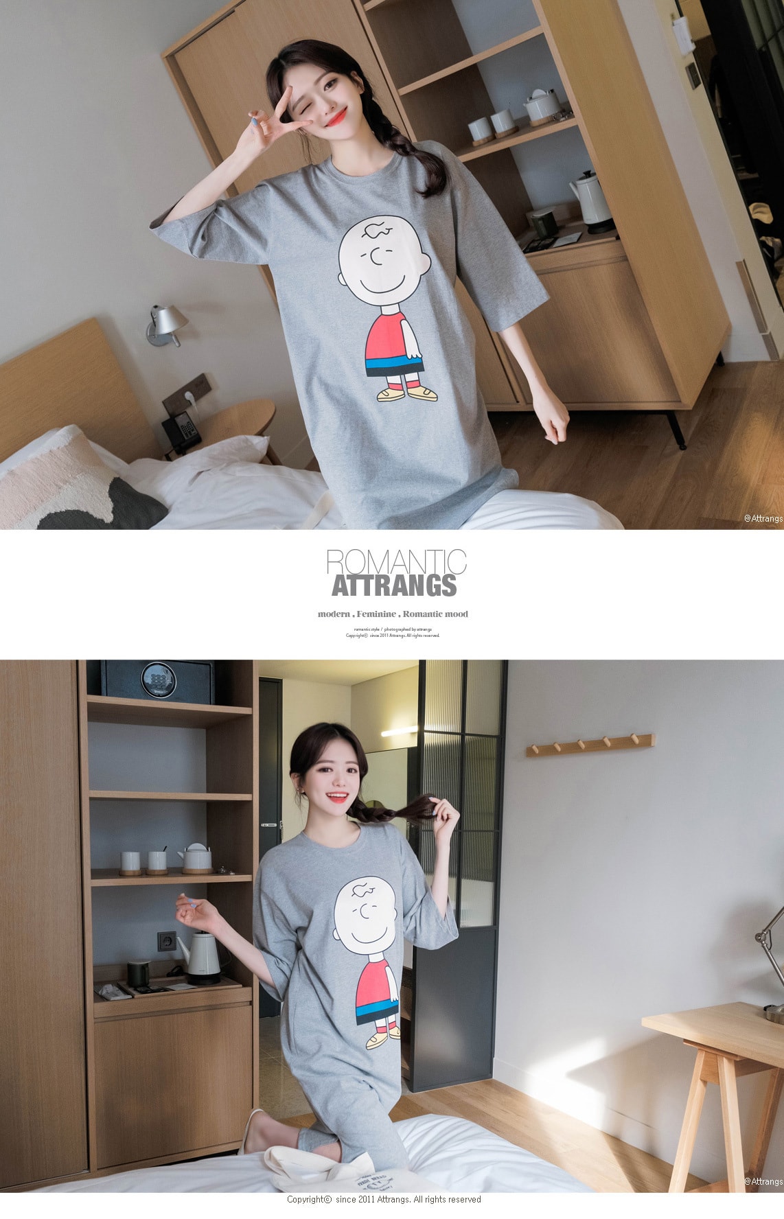 【韩国直邮】ATTRANGS 舒适家居服饰印花连衣裙 灰色 均码