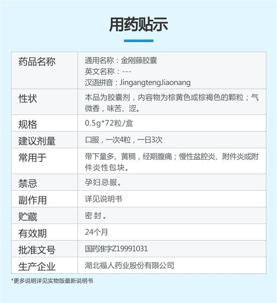 【中国直邮】福人 金刚藤胶囊 慢性宫颈炎清热解毒经期腹痛月经不调 0.5g*72粒/盒