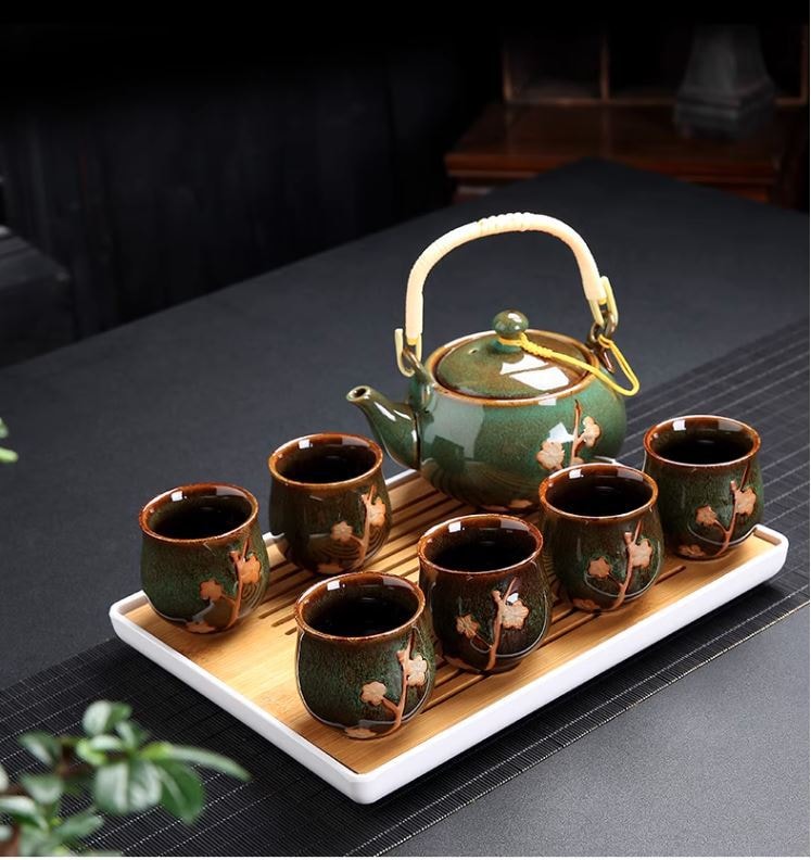 BESTLEAFTEA - 中式/日式提樑壺茶具套裝家用茶杯功夫茶具托盤茶壺 一壺六杯(綠色)