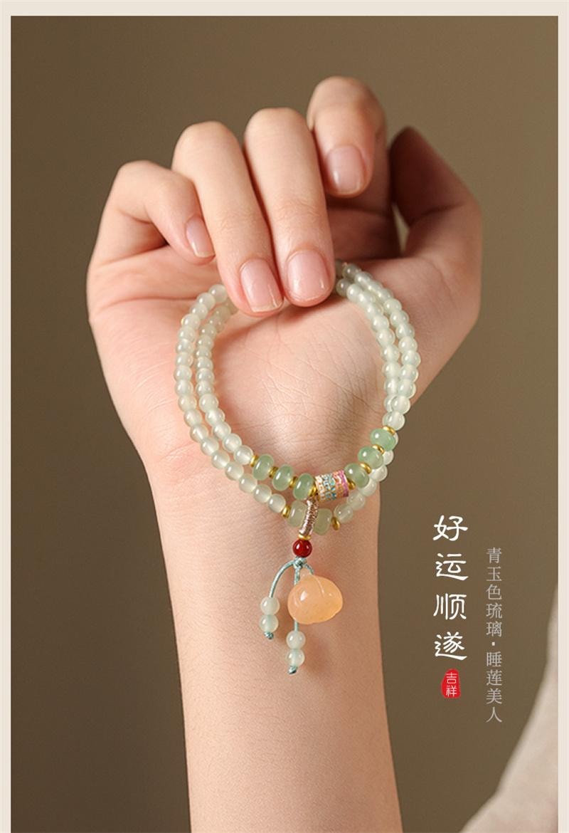 【中國直郵】 親太太 新中式青玉色琉璃蓮蓬雙圈細款疊戴女手腕清雅 青玉色琉璃-春昭意【4mm】1條裝