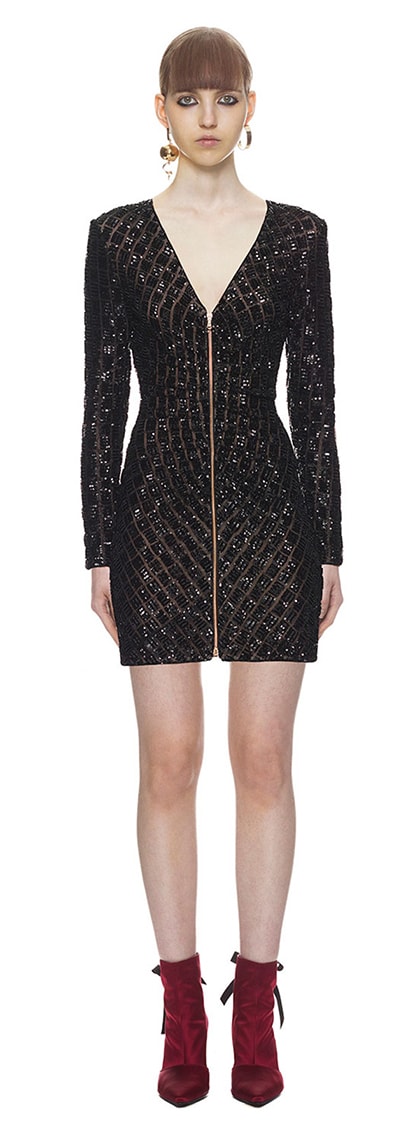Glitter Detail V-neck Zip Dress Black UK8