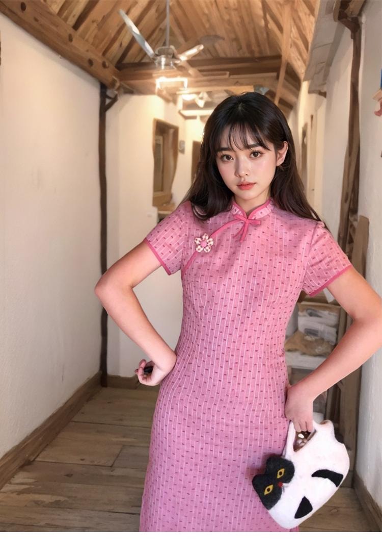 【中國直郵】 水月秦淮 甜美少女粉色新中式旗袍裙日常國風收腰顯瘦連身裙粉色L碼