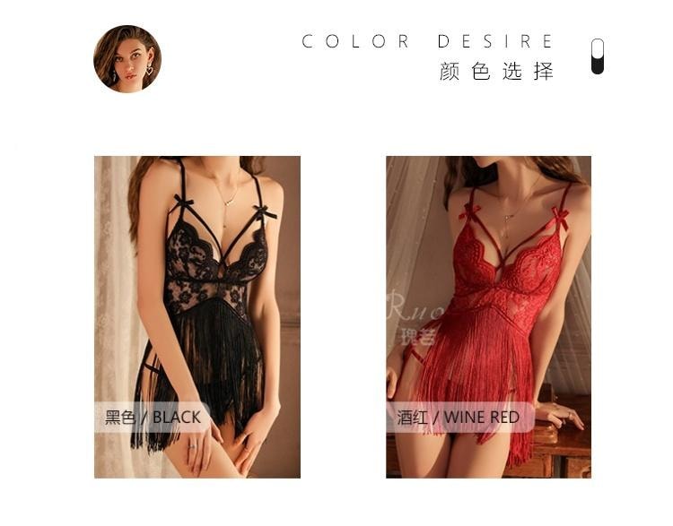 【中國直郵】 瑰若 情趣內衣 蕾絲深V流蘇裙擺睡裙 酒紅色M碼