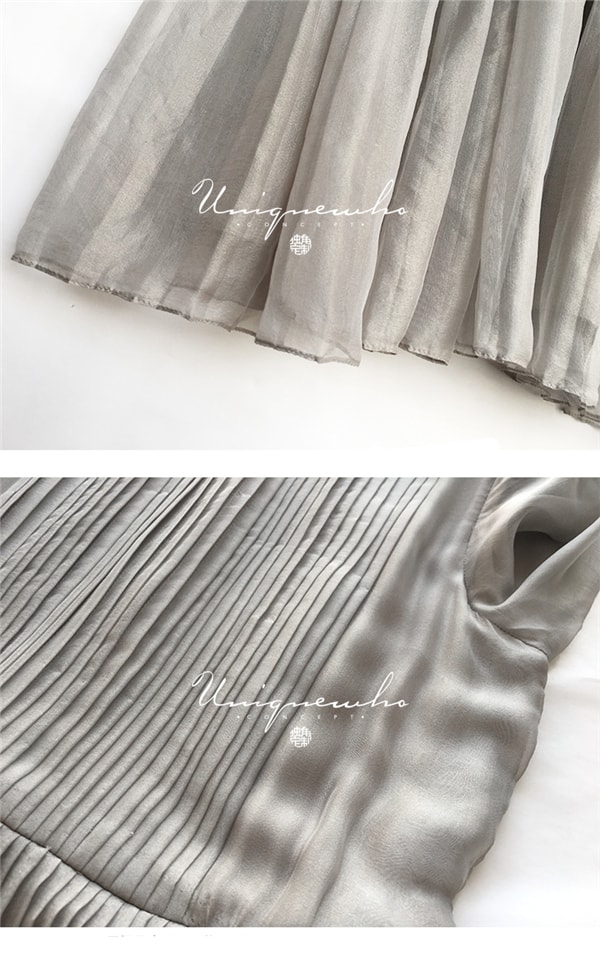 Elegant Gray Silk Imitation Long Sleeve Pleated Dress XS