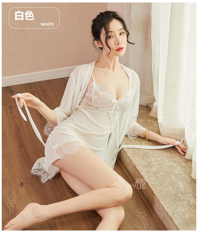 【中國直郵】宜約 蕾絲性感睡衣透視裝網紗吊帶睡裙 白色四件套 均碼