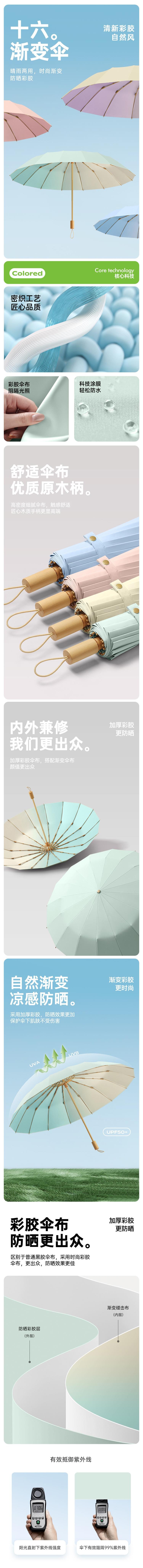  HSPM 新款彩膠太陽傘加大晴雨兩用雨傘三折16骨 漸層粉