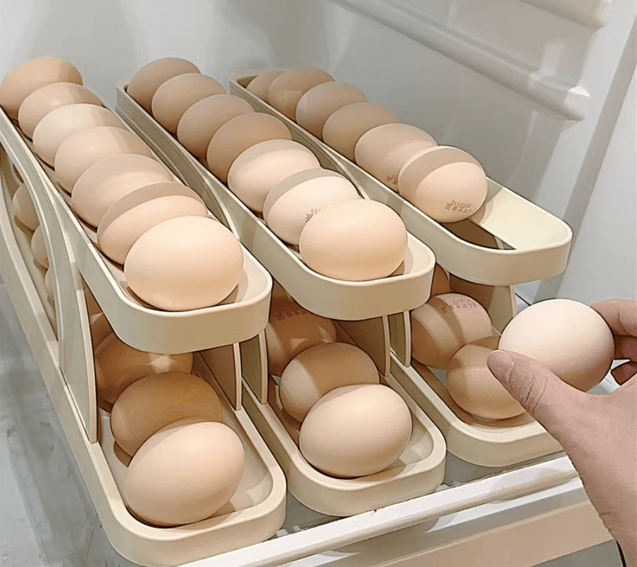 中國收納雞蛋盒冰箱用側門保鮮盒廚房用滾動蛋托雞蛋架#米色一件入