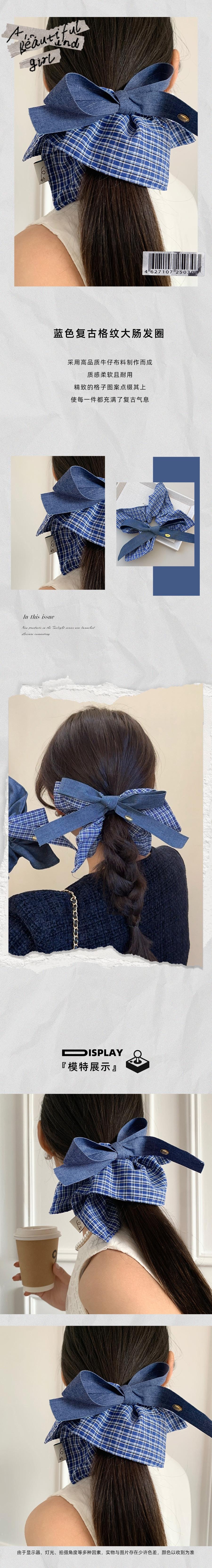 HSPM 新款韩系气质牛仔蝴蝶结方巾头绳大肠发圈女高级感方形发饰头绳 格子发圈拼牛仔蓝蝴蝶结 F