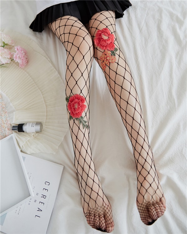 Girl Woman Sexy Fishnet Pantyhose for Summer Flower Embroidery Mesh Stockings Slim Elastic Tights Black 1 PC