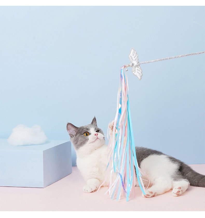 ZEZE 天使翼流蘇逗貓棒耐咬磨牙自嗨貓解悶神器逗貓玩具中國貓咪用品 彩色 1件裝