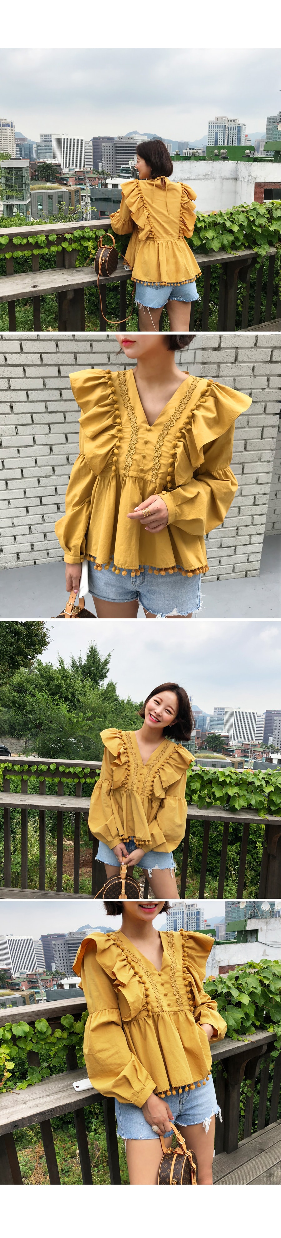 【韩国直邮】IMVELY 时尚街头风泡泡袖可爱衬衫 芥末黄色 均码