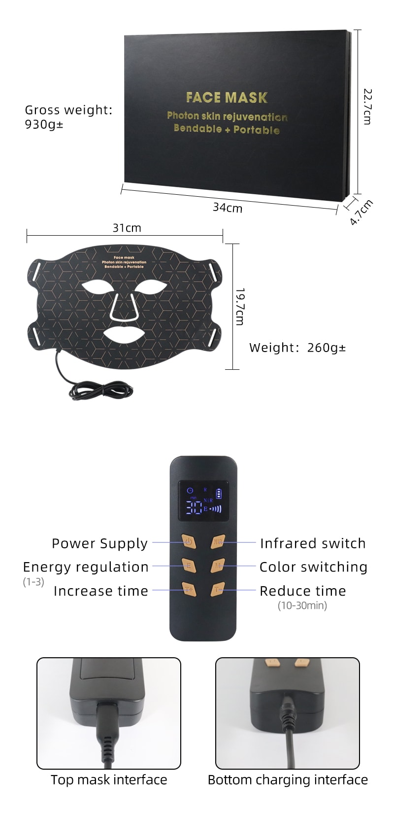 中國KAKUSAN卡酷尚新款矽膠美容面罩光子嫩膚儀光譜儀祛痘嫩膚美容儀 黑色 1件