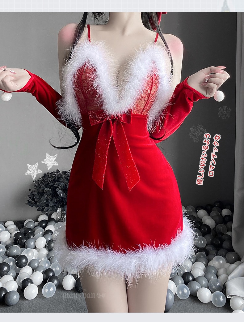 【中國直郵】曼煙 情趣內衣 性感蕾絲毛絨吊帶睡裙 聖誕裝套裝 紅色均碼(不含髮夾)