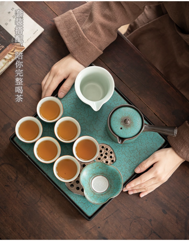 BECWARE中国传统窑变工艺9头茶具套装 高端功夫茶具带茶盘 孔雀绿 1件入