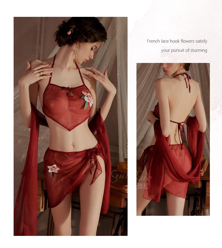 【中国直邮】  瑰若 轻纱肚兜短裤披肩汉服套装 枣红色均码