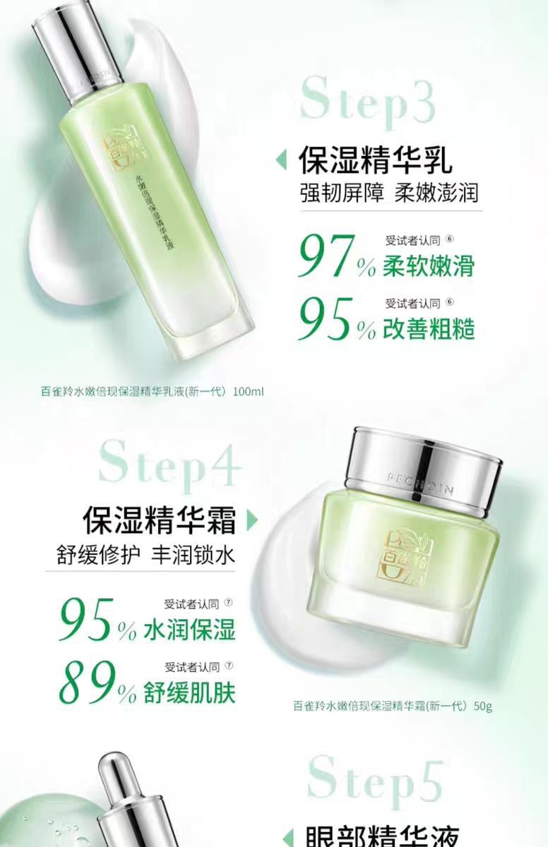 【中国直邮】百雀羚PECHOIN 水嫩倍现水乳 补水温和舒缓护肤套装 精华霜+精华水+精华乳+眼部精华液  1套|*预计到达时间3-4周