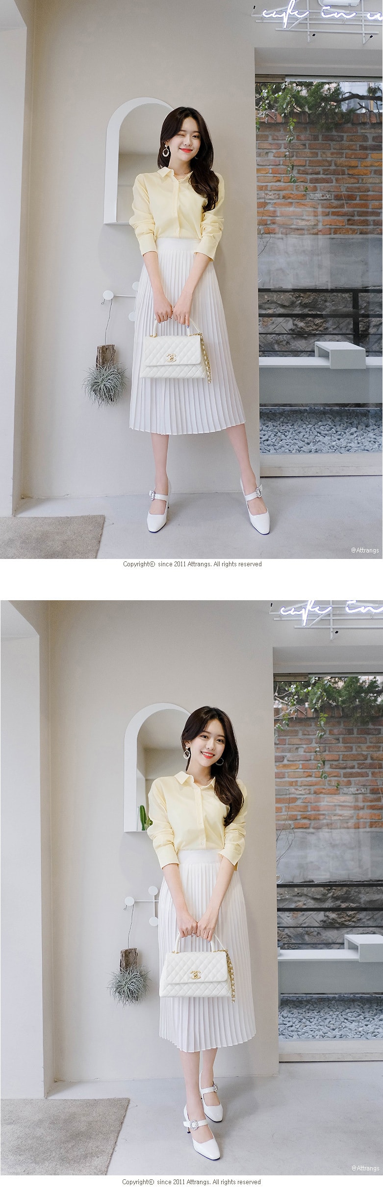 【韩国直邮】ATTRANGS 高腰百褶长裙 乳白色 均码