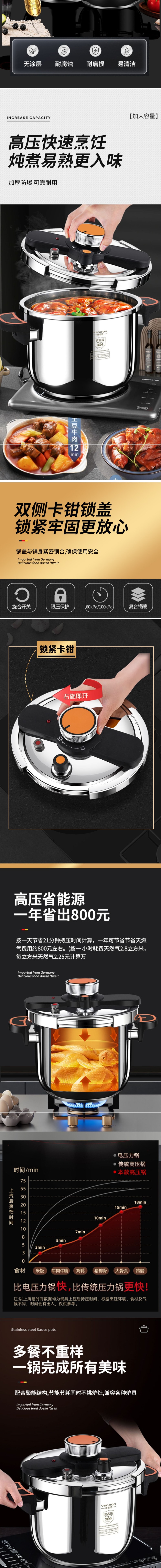 【中国直邮】柏意 高压锅 家用燃气压力锅 304不锈钢 电磁炉电陶炉燃气灶通用 8L 适合5-8人
