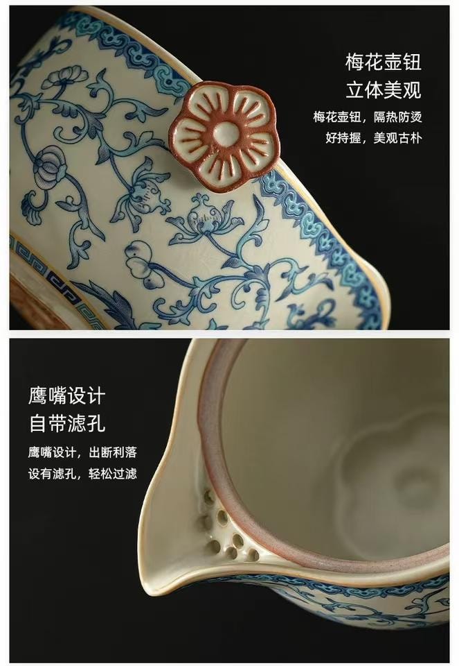 海藍星 汝窯茶壺一壺三杯 釉色之美 溫潤古樸 鷹嘴設計 自帶濾孔 1件