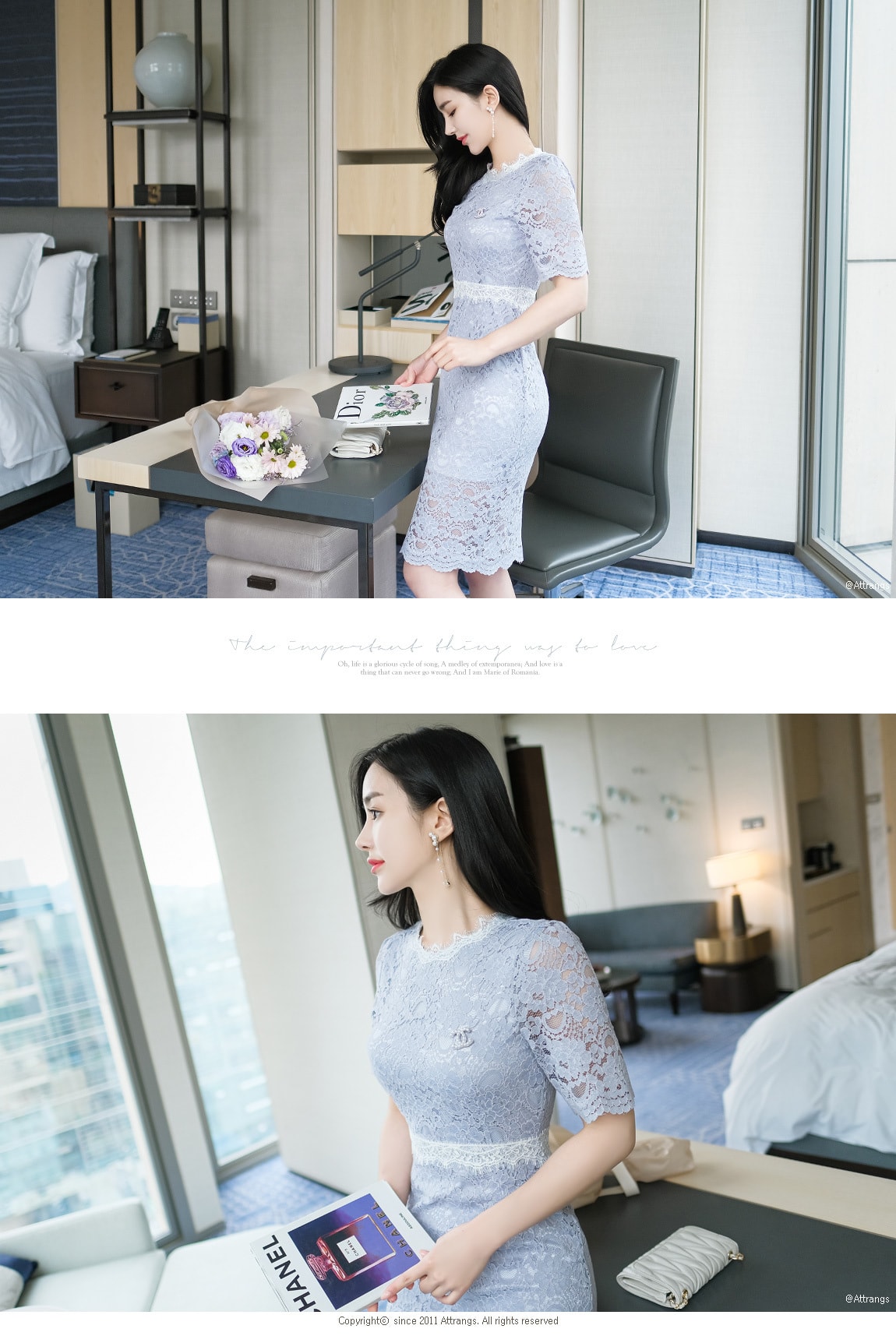 【韩国直邮】ATTRANGS 镂空刺绣收腰包臀女人气质中袖优雅连衣裙 天蓝色 S