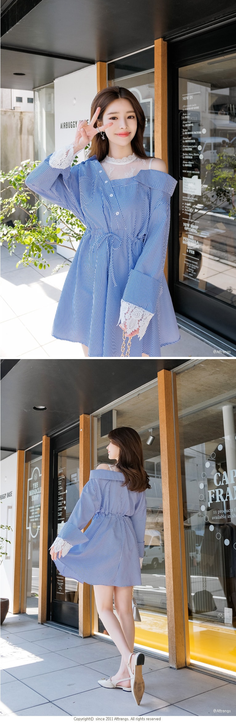 【韩国直邮】ATTRANGS 蕾丝拼接露肩高腰条纹连衣裙 蓝色 均码