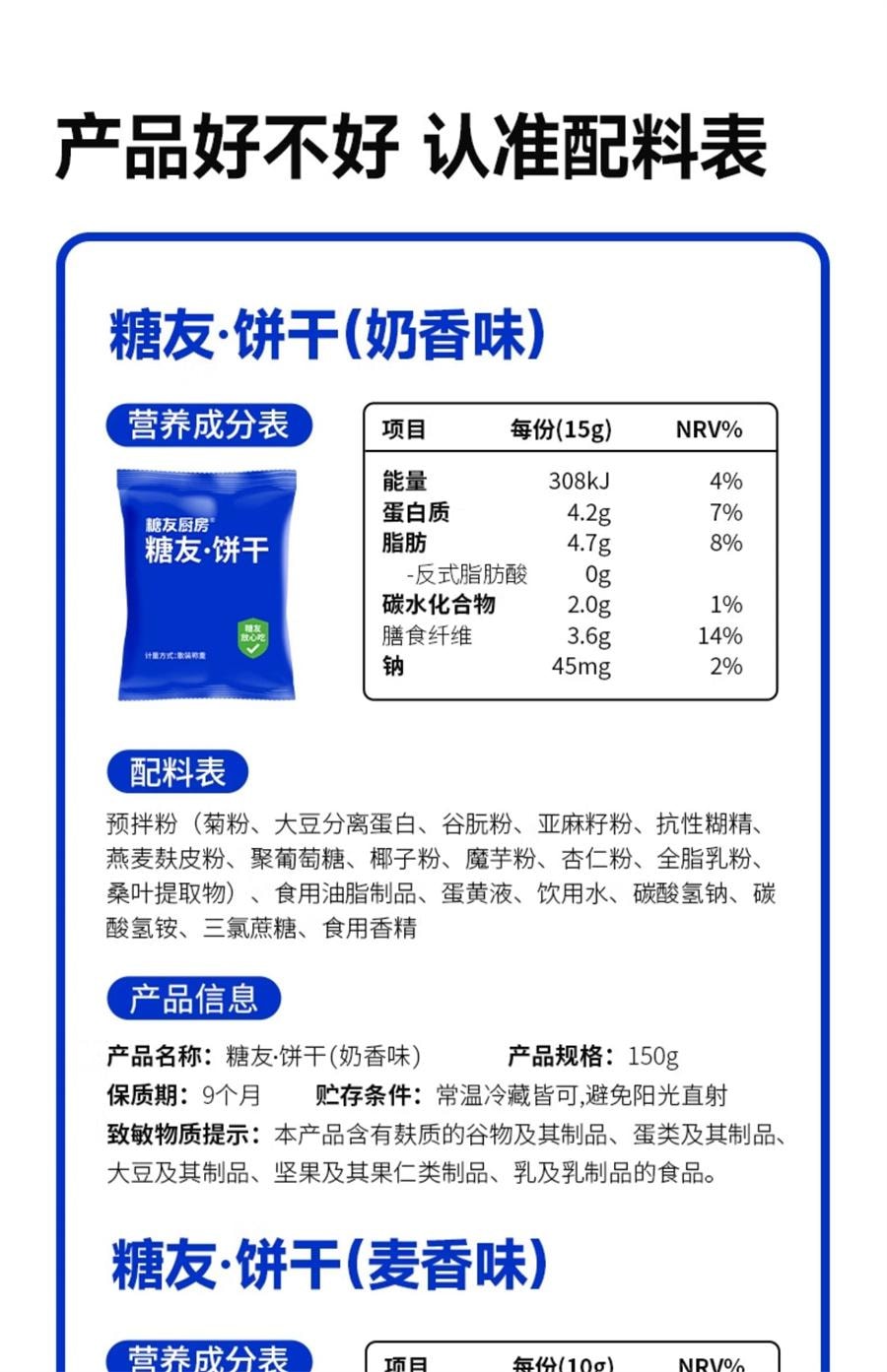 【中国直邮】 糖友厨房 糖友饼干 孕妇饼干控营养无糖精糖尿人粗粮代餐孕妇期零食品饱饱腹 麦香味150g/盒