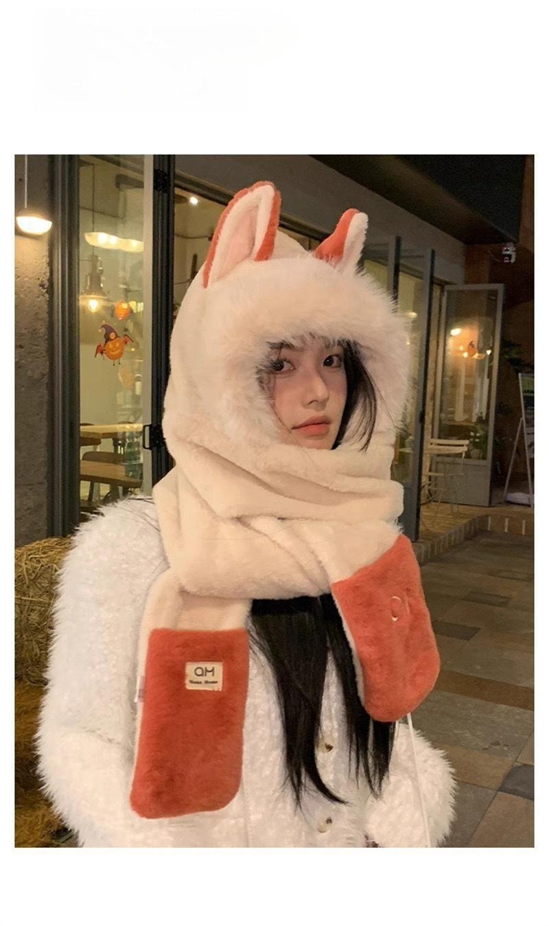 FOXTAIL 毛茸茸火狐狸一体帽 帽子 围巾 手套 冬季 保暖 防风 围脖 连帽 1个