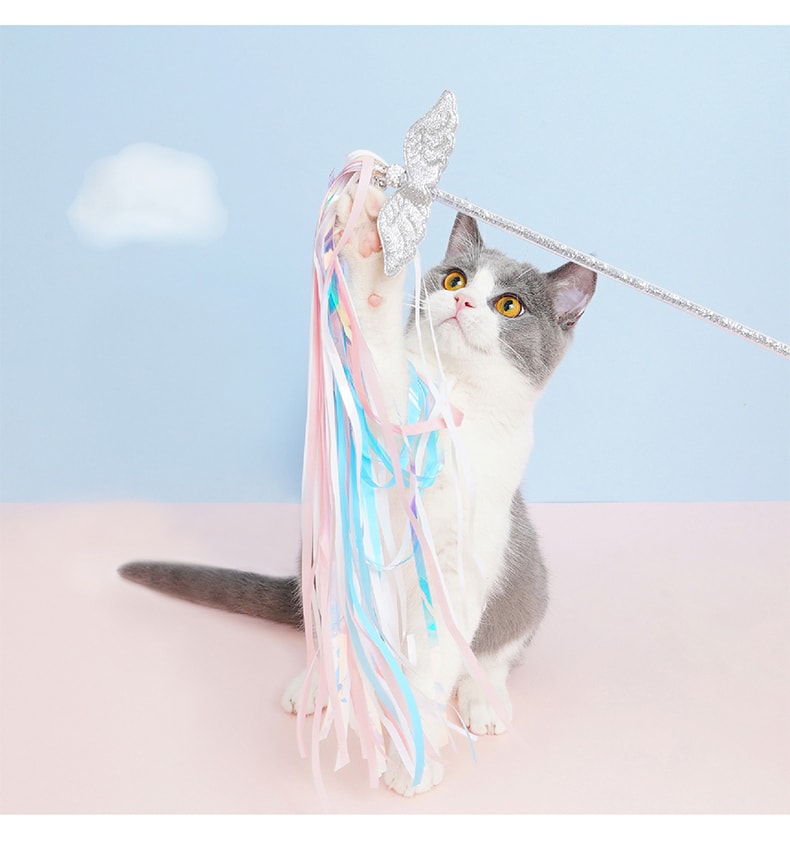 ZEZE 天使翼流蘇逗貓棒耐咬磨牙自嗨貓解悶神器逗貓玩具中國貓咪用品 彩色 1件裝