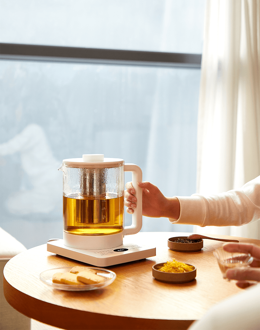 OLAYKS 宿舍/宿舍神器 养生壶 静音快煮 多功能 煮茶 花茶 炖汤 玻璃烧水壶 自动保温 梨花壶 家用便捷 1.5L 陶白色  100-220V通用 美国直接使用无需变压