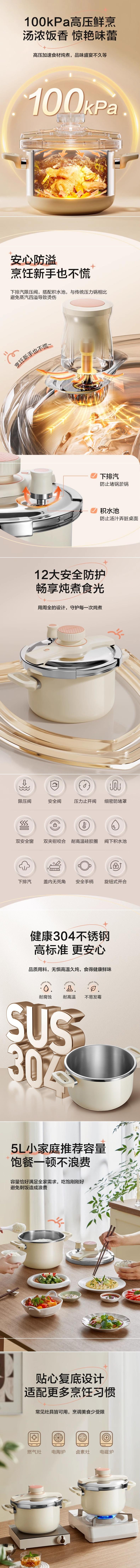 【中國直郵】蘇泊爾 不鏽鋼高壓鍋 瓦斯電磁爐通用 悅旋壓力鍋 5L 3-5人用 360°開蓋