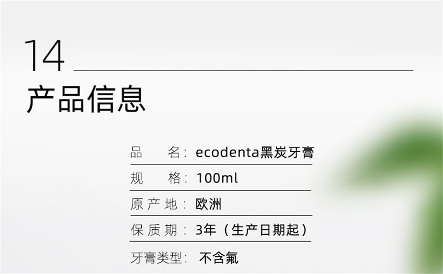 【中國直郵】ecodenta 黑炭牙膏美白去煙漬牙漬去黃清新男士專用無氟亮白牙膏 100ml