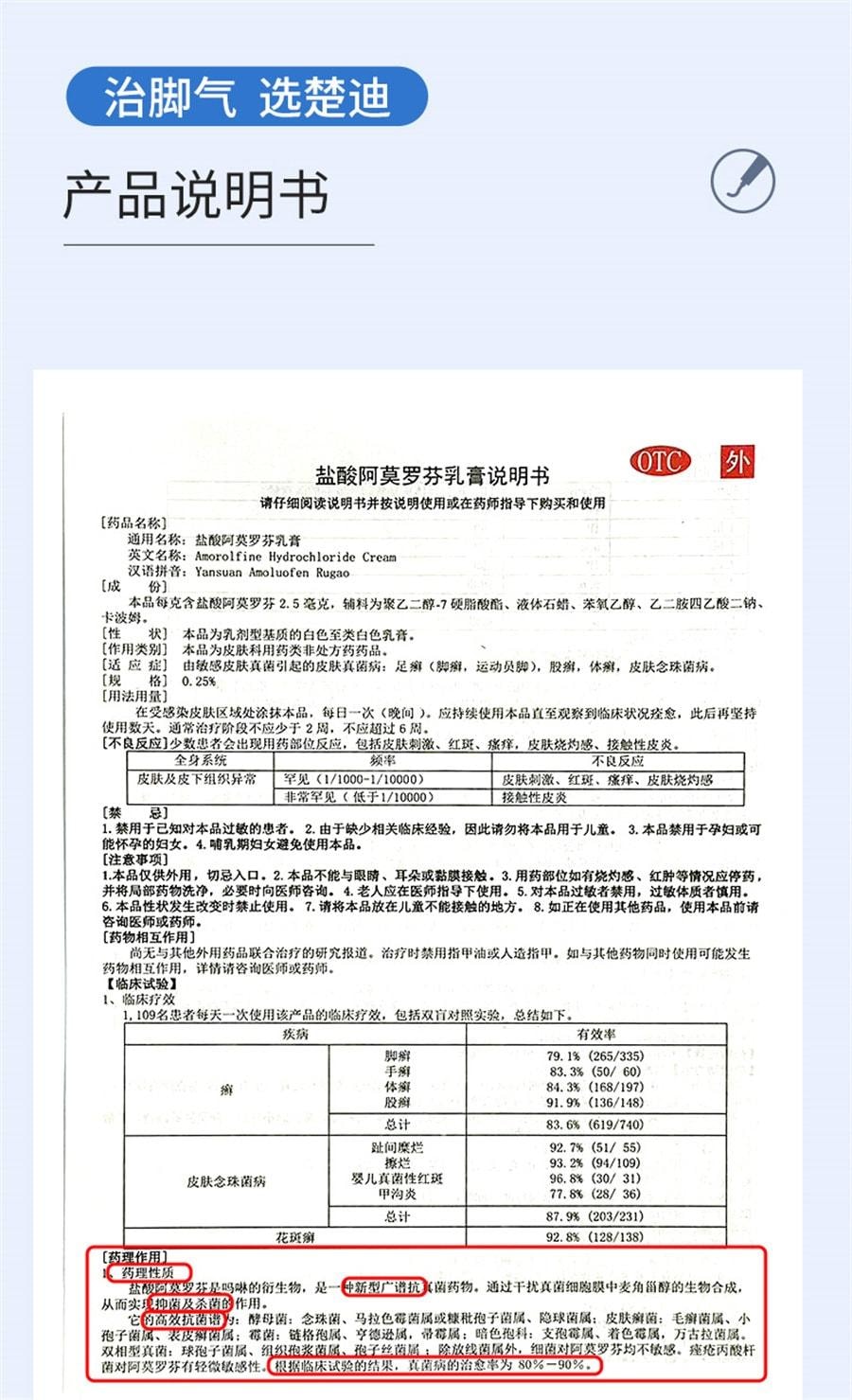 【中国直邮】 楚甲 盐酸阿莫罗芬乳膏 去脚气治脚气脱皮止痒杀菌 30g/支